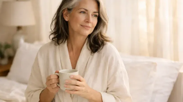 3 Morning Habits That Secretly Drain Your Energy After 50,Woman over 50 sitting calmly on bed with phone face down and morning mug, showing a low stress morning routine