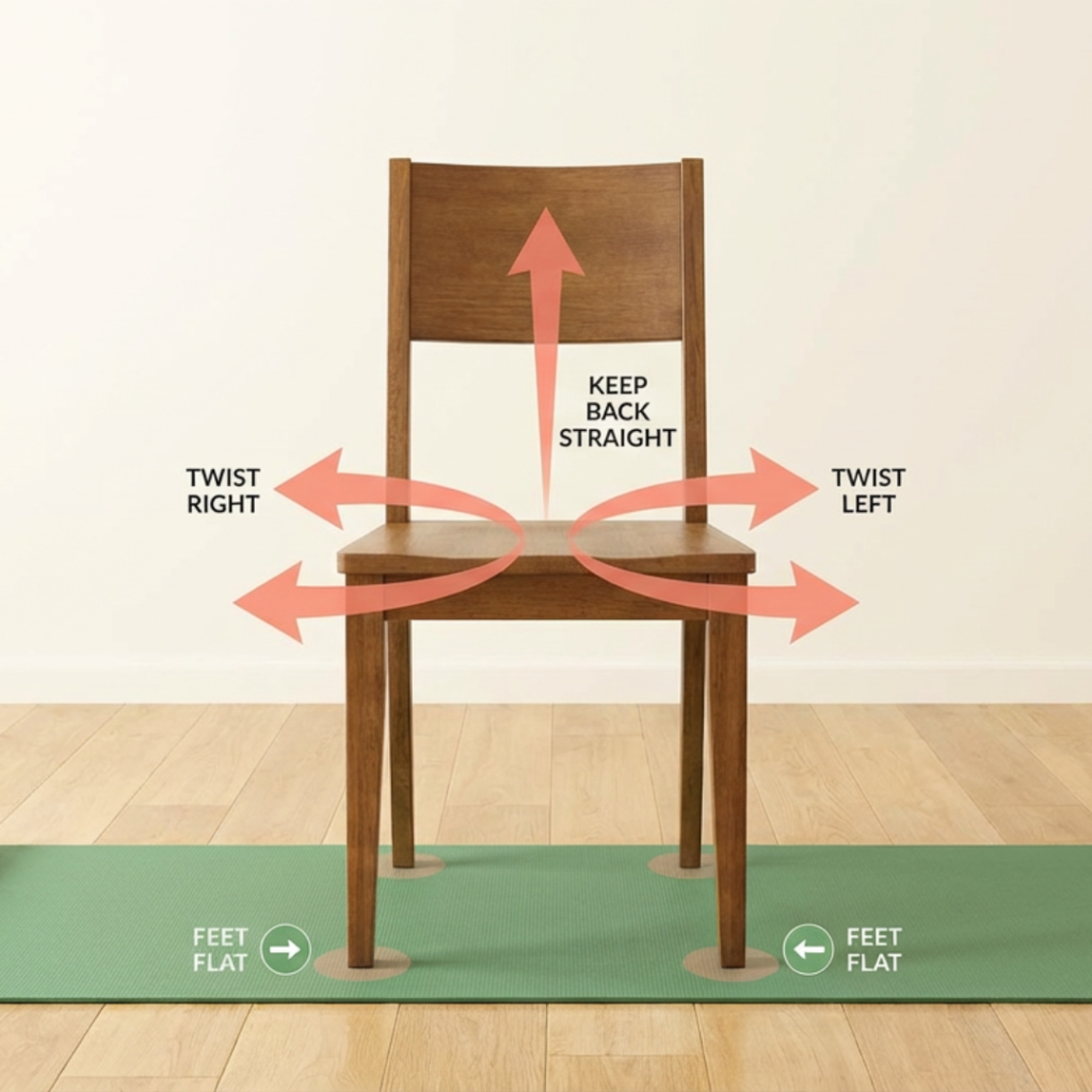 Proper form for seated torso twist chair exercise targeting belly fat and oblique muscles