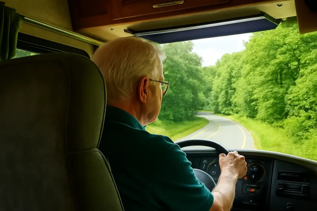 senior man in a t-shirt driving alone on scenic highway, confident and relaxed on a solo road trip