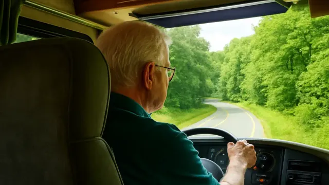 senior man in a t-shirt driving alone on scenic highway, confident and relaxed on a solo road trip