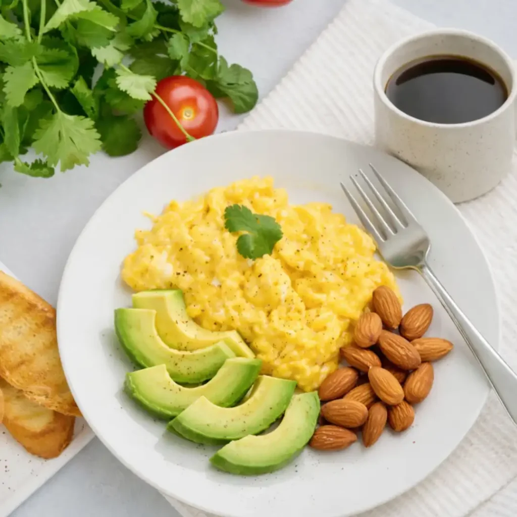 Simple protein rich breakfast beside morning coffee (4) Plate with egg, avocado and almonds next to a coffee mug, showing a gentle morning habit for women over 50