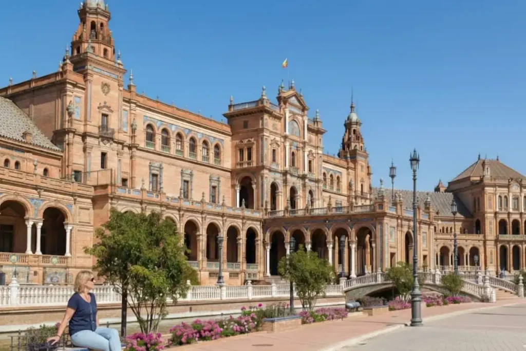Confident woman in her 50s exploring empty plaza in Seville during off-peak travel season