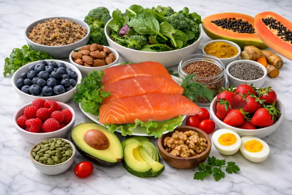 10 superfoods to balance hormones naturally after 50 including salmon, avocados, berries, flaxseeds, and leafy greens arranged on a marble countertop