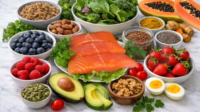 10 superfoods to balance hormones naturally after 50 including salmon, avocados, berries, flaxseeds, and leafy greens arranged on a marble countertop