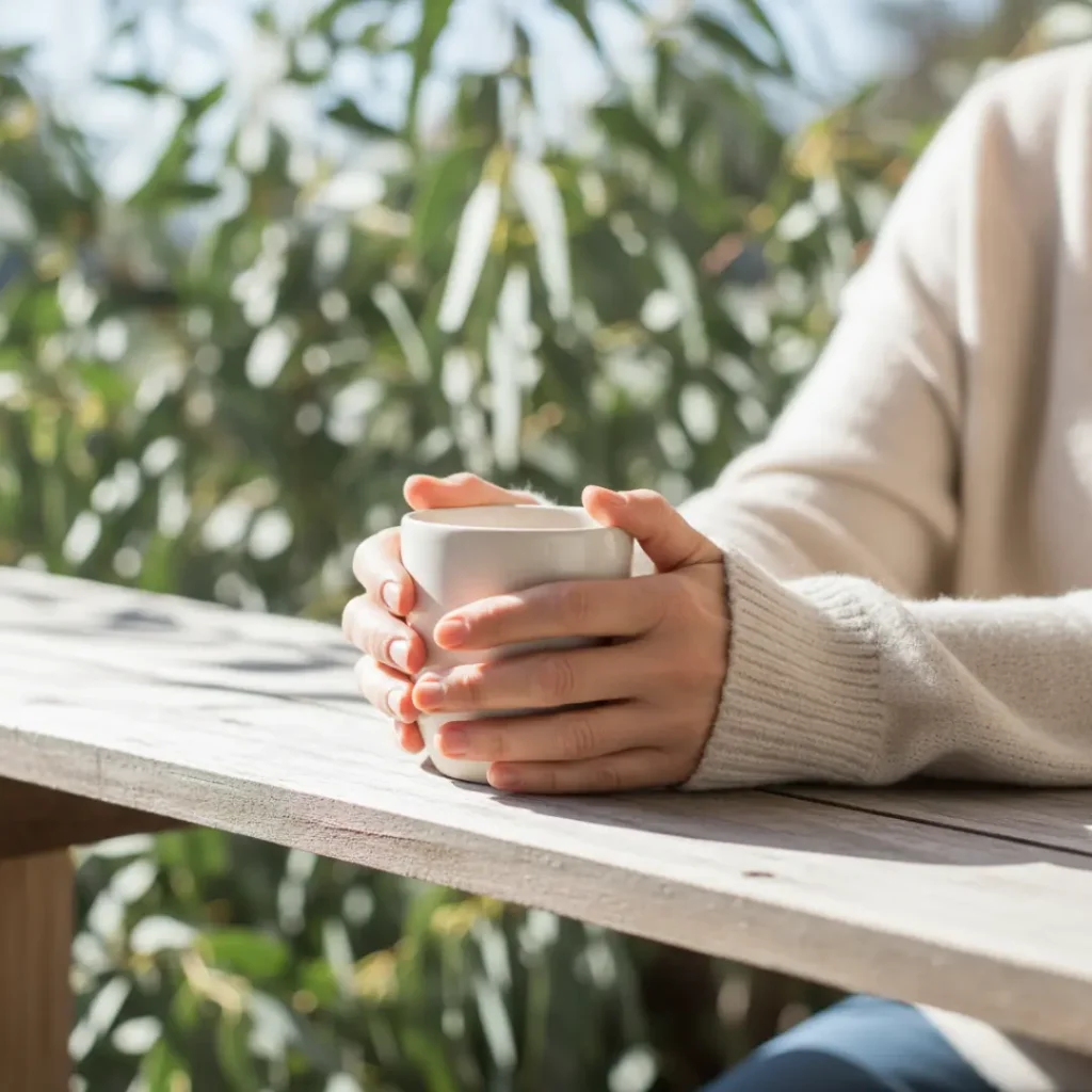 Woman over 50 drinking warm tea for bloating relief