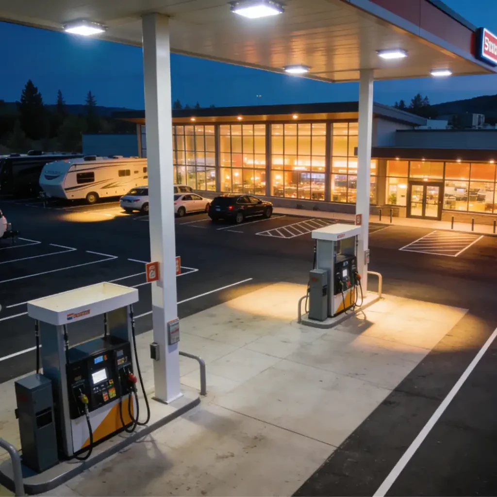 view of a well-lit truck stop parking lot, showing a safe and busy place for solo drivers to take a break