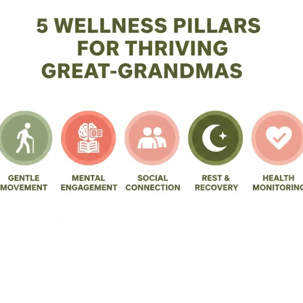  Infographic showing five wellness pillars supporting vitality from grandma to great grandma after 70
