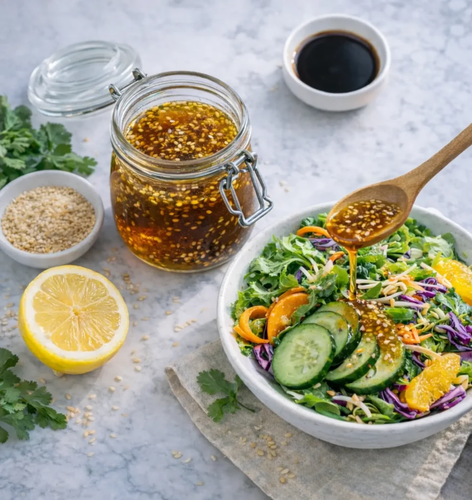 Homemade sesame soy salad dressing in glass jar with wooden spoon drizzling over fresh Asian salad with ingredients including sesame seeds, lemon, cilantro, and soy sauce