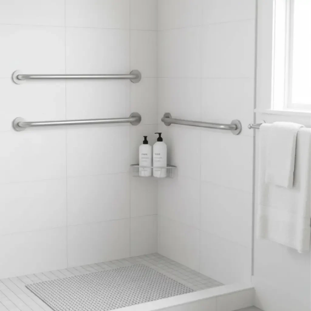 Bathroom safety features including grab bars and non-slip mat for dark showering