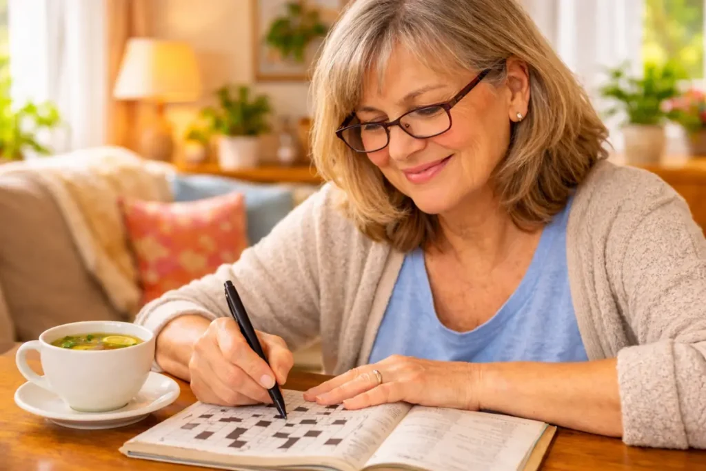  how to improve memory after menopause woman doing crossword puzzle