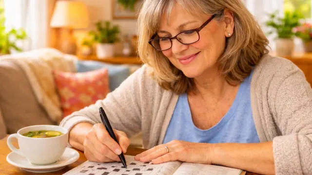  how to improve memory after menopause woman doing crossword puzzle