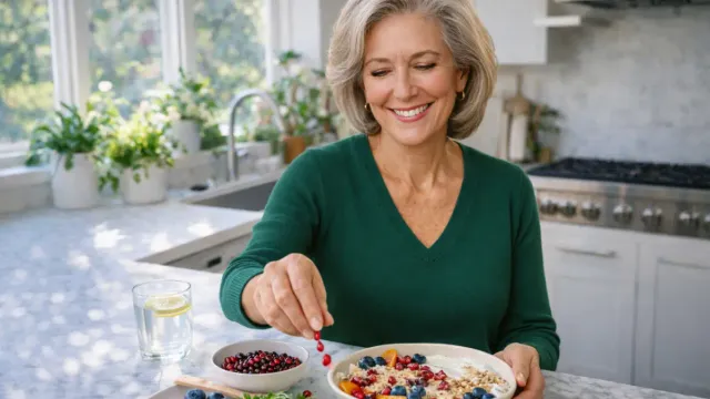 Healthy foods to eat during menopause - woman preparing nutritious Mediterranean breakfast with berries and whole grains