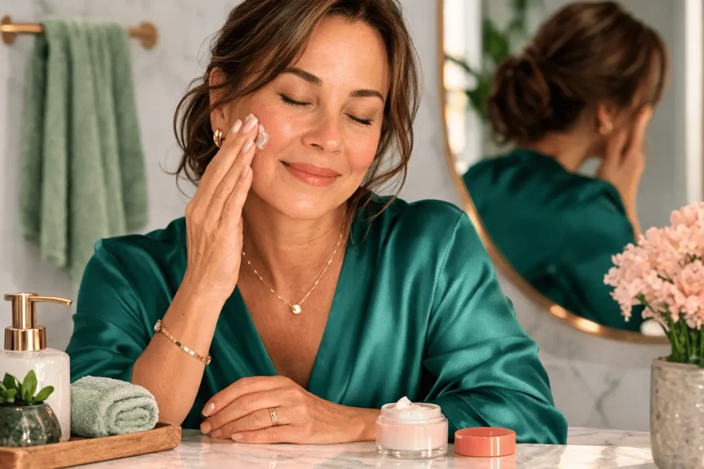 Woman over 50 applying moisturizer to dry skin after menopause natural skincare routine