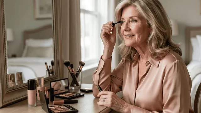 Elegant Woman Over 50 Applying Eye Makeup With Confidence at Her Vanity