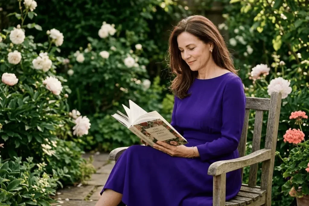 Elegant woman over 50 reading in a garden how age hormones and diet affect the skin naturally