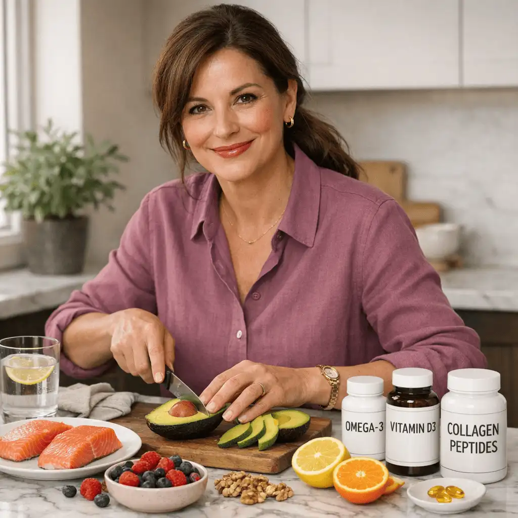 Woman over 50 preparing nutrient-rich foods for skin health key nutrients your skin needs after 50
