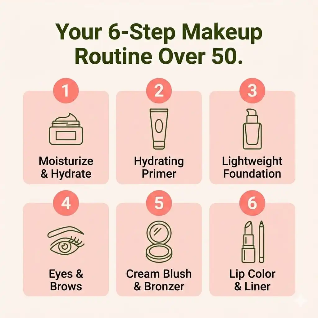 Step-by-step makeup routine chart for women over 50 mature skin makeup application guide