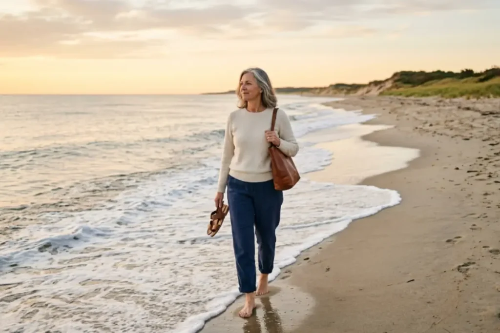 Solo Beach Vacation In The USA: 7 Best Escapes for Women Over 50 3 solo beach vacation in the USA for women over 50 walking peacefully on the coast