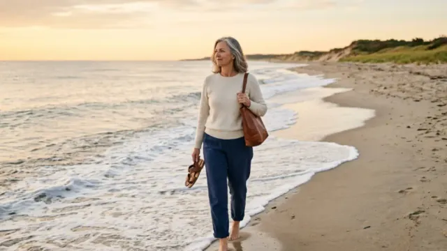 solo beach vacation in the USA for women over 50 walking peacefully on the coast