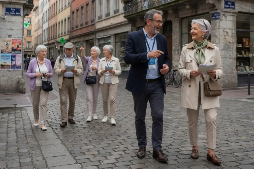 The Best Travel Tours for Singles Over 50: Expert-Recommended Picks for Your Next Adventure 1 the best travel tours for singles over 50: a group of seniors on a guided walking tour in a cobblestone street of an old European city.
