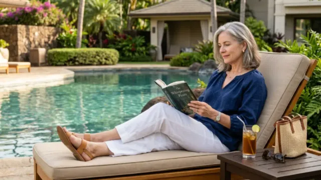singles resorts woman over 50 at a quiet resort poolside setting