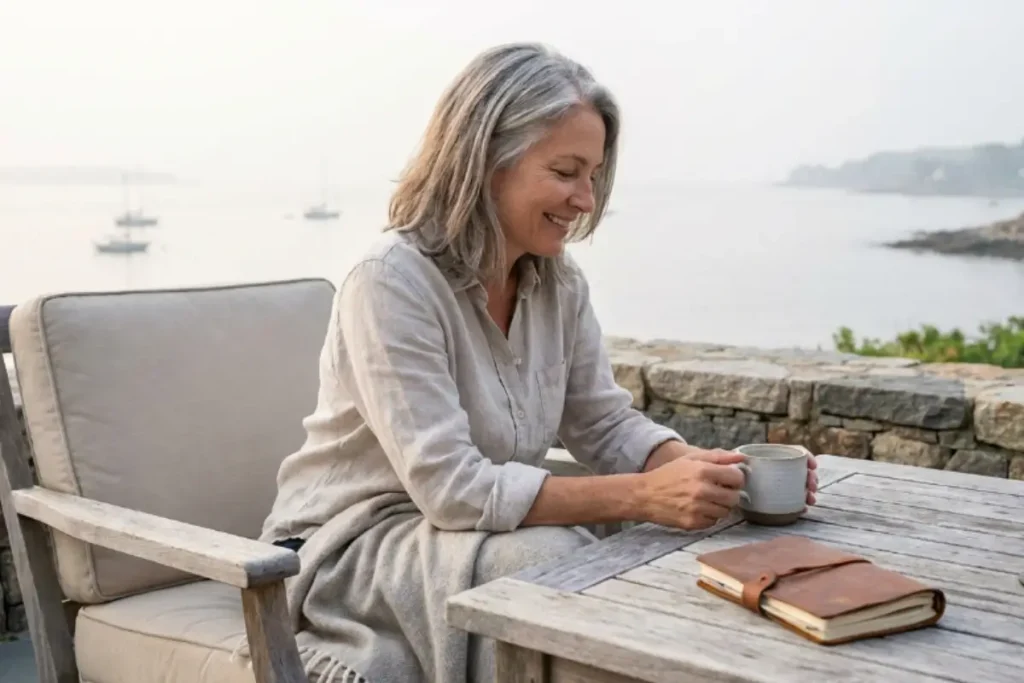 Solo Beach Vacation in the USA: Safe and Relaxing Coastal Stay Woman over 50 enjoying a calm seaside hotel during a solo beach vacation in the USA