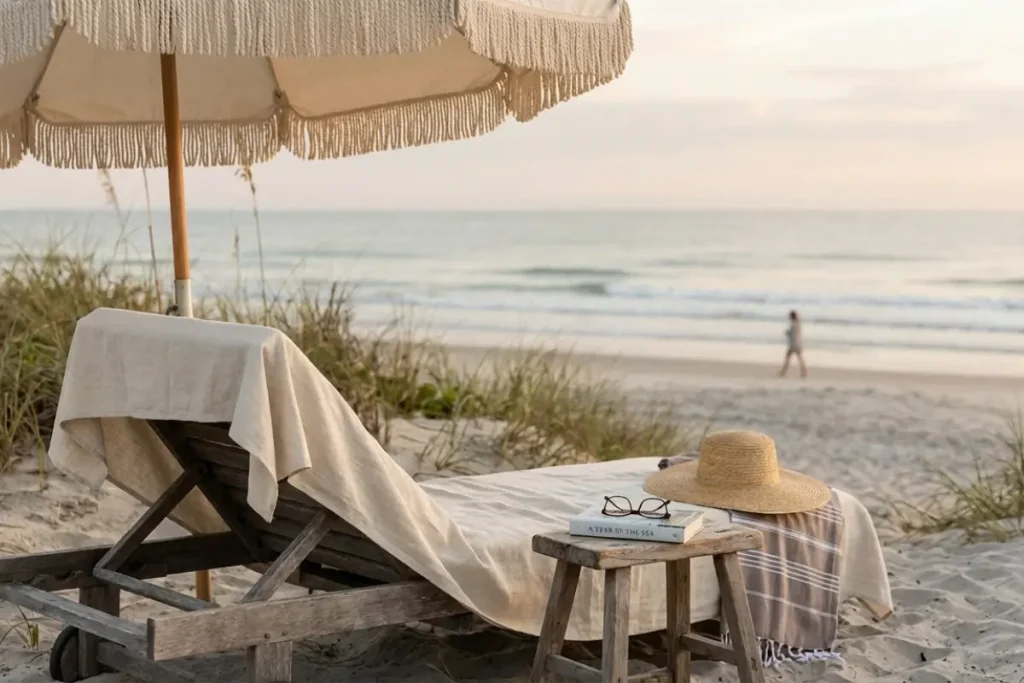 Solo Beach Vacation in the USA: A Restorative Beach Retreat Woman over 50 enjoying a restorative solo beach vacation in the USA on a peaceful shoreline