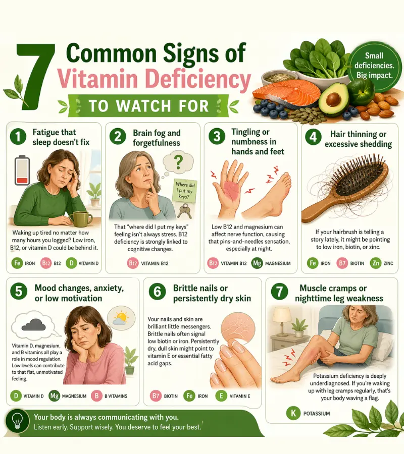Infographic showing seven signs of vitamin deficiency including fatigue, brain fog, tingling in hands and feet, hair loss, mood changes, brittle nails or dry skin, and muscle cramps, displayed with clear visuals and short explanations.