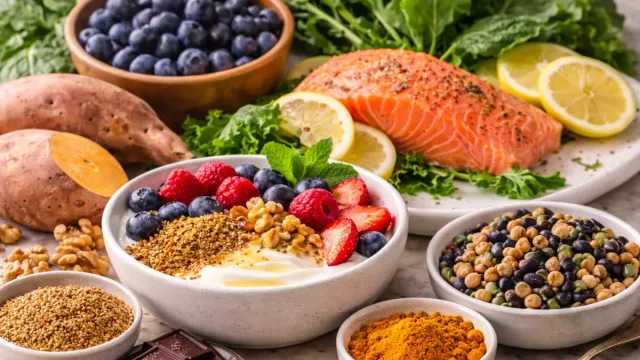 What to Eat After 50 for Energy: including blueberries, avocado, salmon, and walnuts on a wooden surface