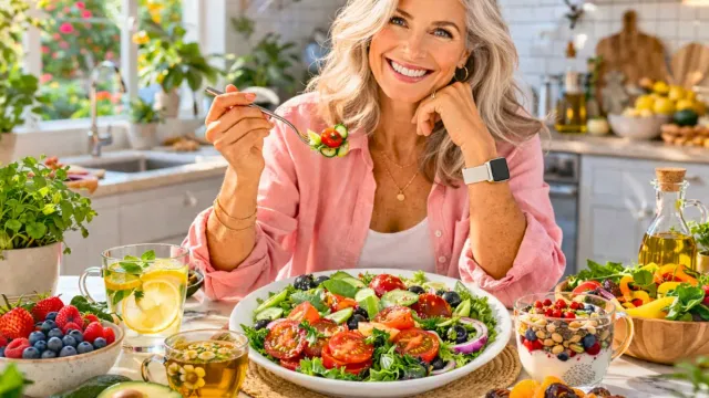 Diet protocols for women over 50: Smiling woman over 50 with silver hair enjoying a colorful Mediterranean diet protocol meal with berries, salad, herbal tea, and avocado