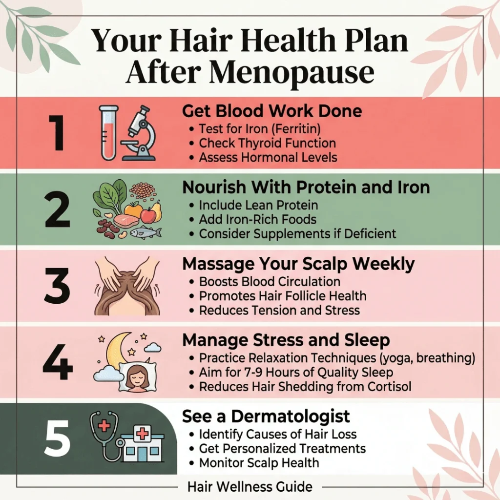 Infographic showing five steps to reverse thinning hair after menopause for women over 50