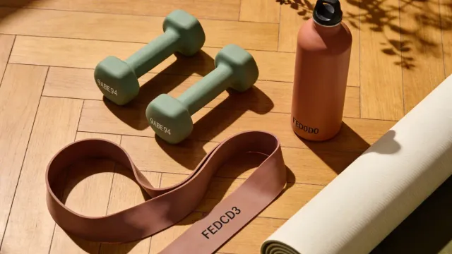 Full body workout equipment for women over 50 including dumbbells, resistance band, and yoga mat