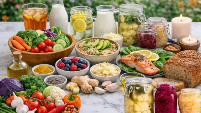 Abundant spread of gut-healthy and anti-inflammatory foods including colorful vegetables, salmon, quinoa with avocado, fermented foods in jars, sauerkraut, berries, turmeric, ginger, garlic, chia seeds, olive oil, milk, and whole grain bread on marble surface