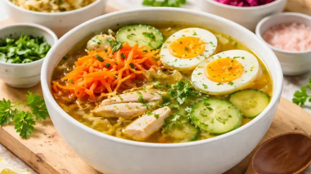 gaps diet protocol: Ceramic bowl of golden bone broth with fermented vegetables and eggs representing the GAPS diet protocol