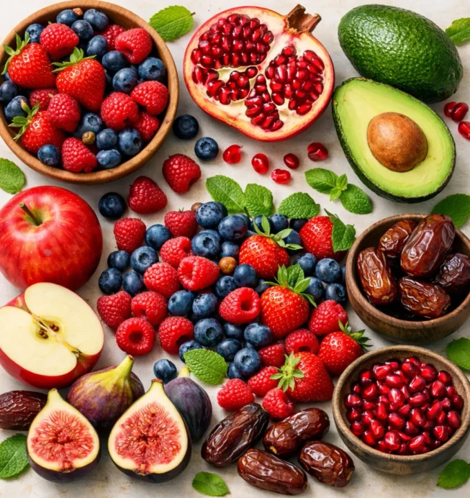 Probiotics for menopause: Hormone-balancing fruits including pomegranate, figs, avocado, and berries that support probiotics for menopause