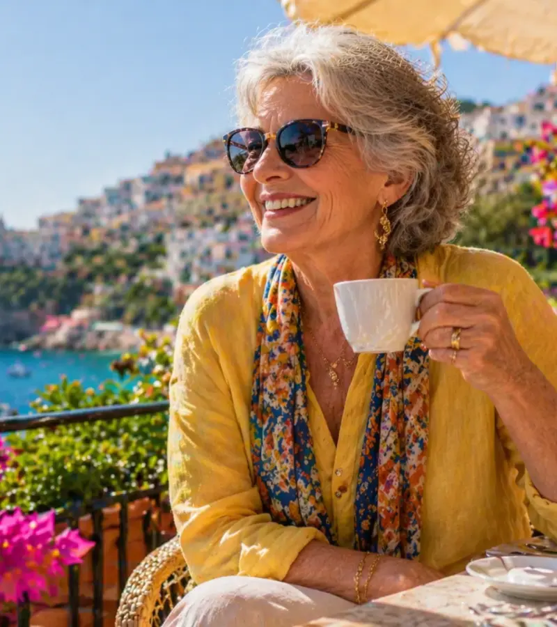 woman over 50 enjoying a luxury solo vacation at a sunny coastal café with ocean view