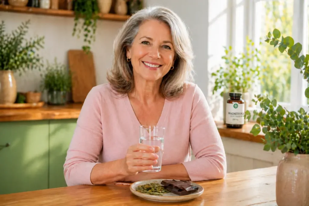 Woman over 50 enjoying magnesium-rich foods for menopause symptom relief at her kitchen table