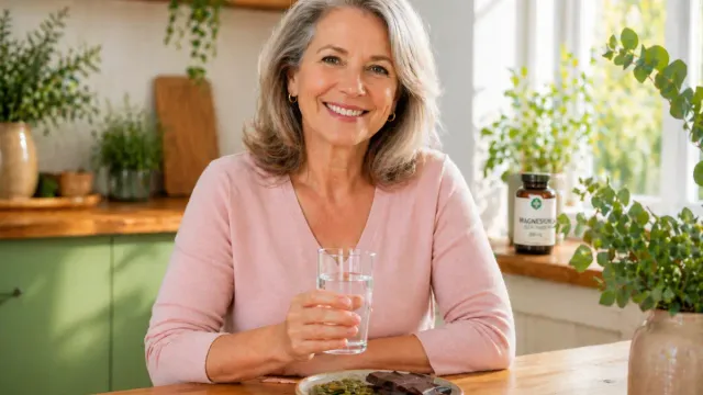 Woman over 50 enjoying magnesium-rich foods for menopause symptom relief at her kitchen table