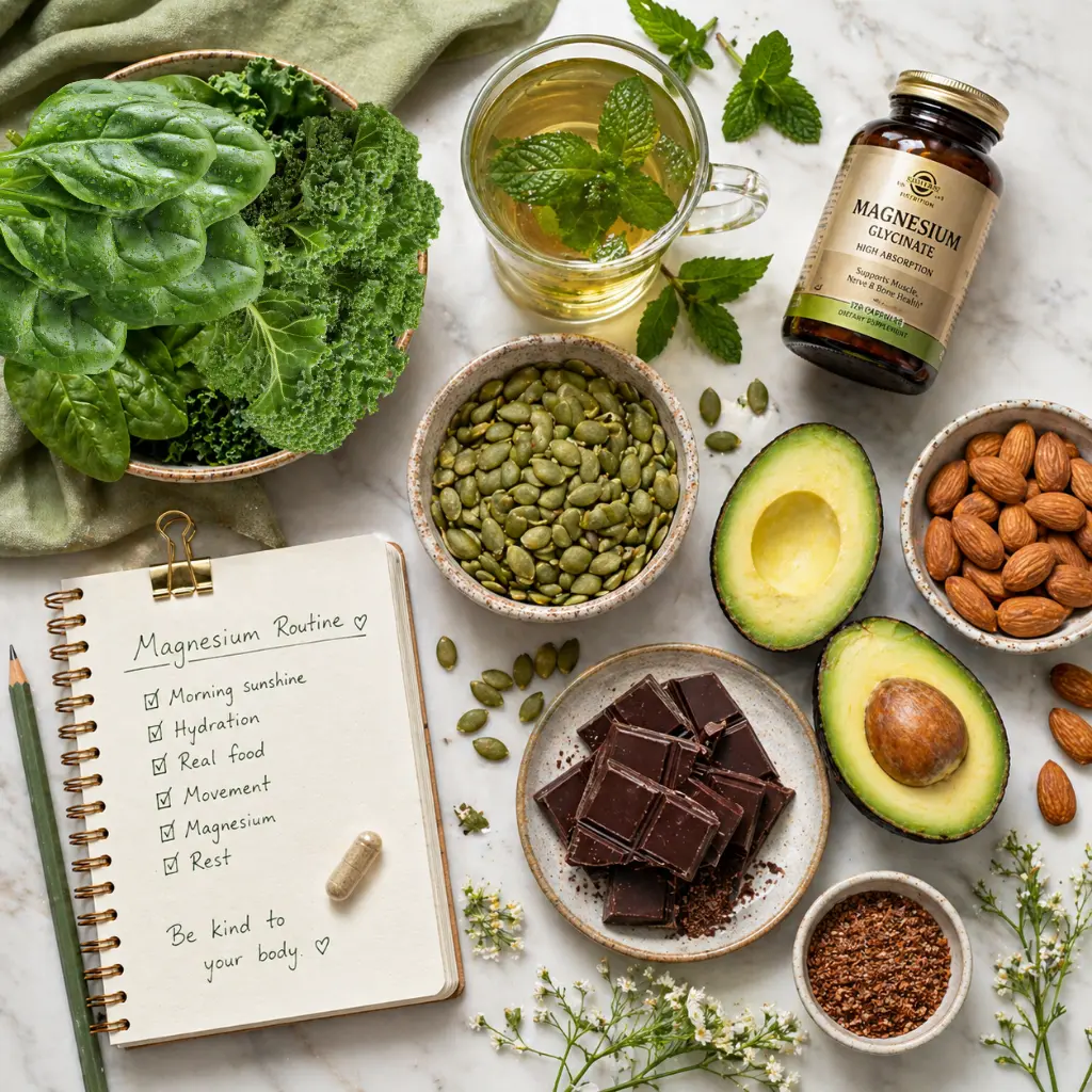 Magnesium for Menopause: Flat lay of magnesium-rich foods including pumpkin seeds, avocado, dark greens, and spearmint tea for menopause support