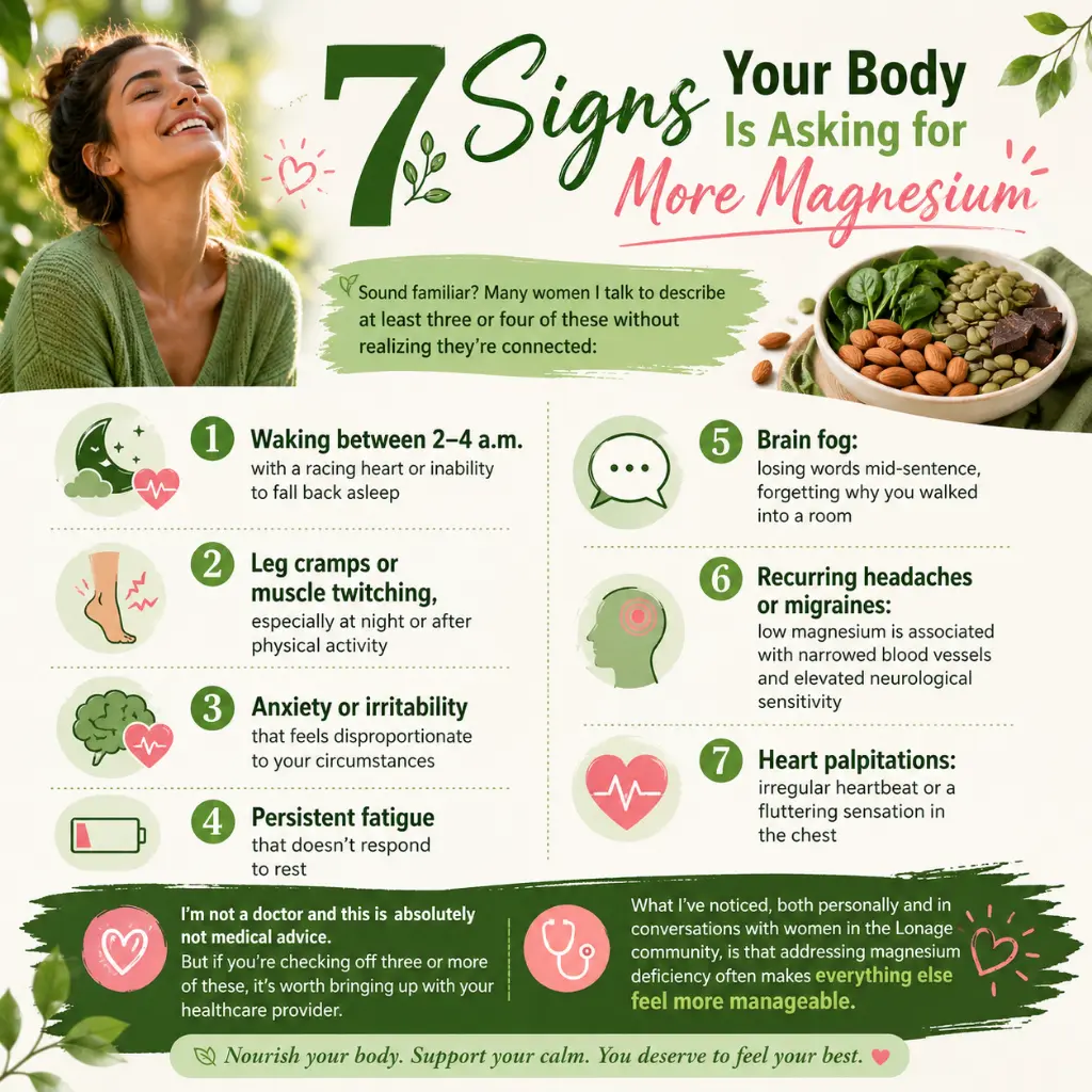 Infographic showing seven signs of low magnesium in menopause, including waking at 2 to 4 a.m., leg cramps, anxiety, fatigue, brain fog, headaches, and heart palpitations, with magnesium-rich foods and a woman feeling calm and energized

