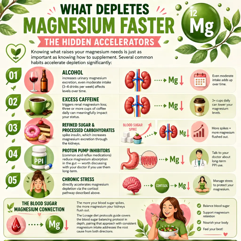 Infographic about magnesium depletion during menopause showing alcohol, excess caffeine, refined sugar, proton pump inhibitors, and chronic stress as hidden accelerators that lower magnesium levels

