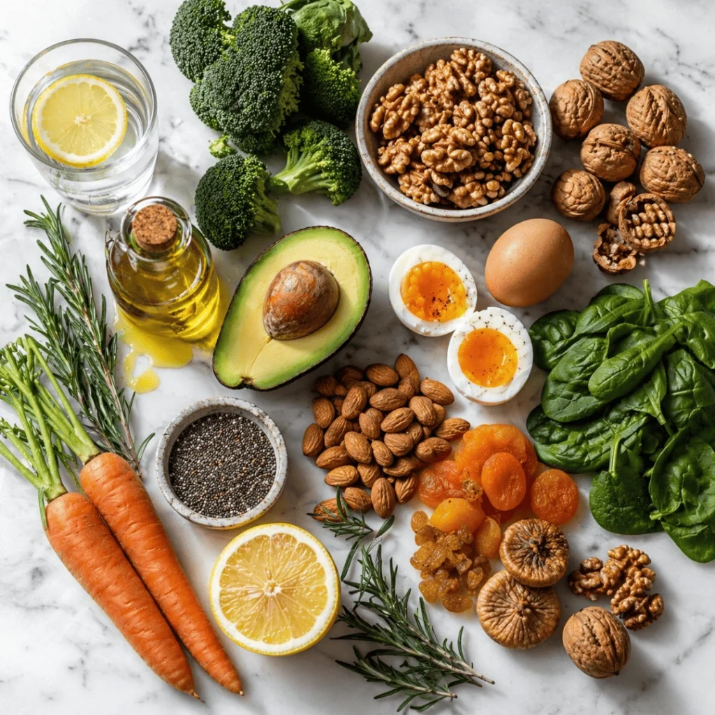 Abundance of hair-nourishing foods to reverse thinning hair after menopause on white marble