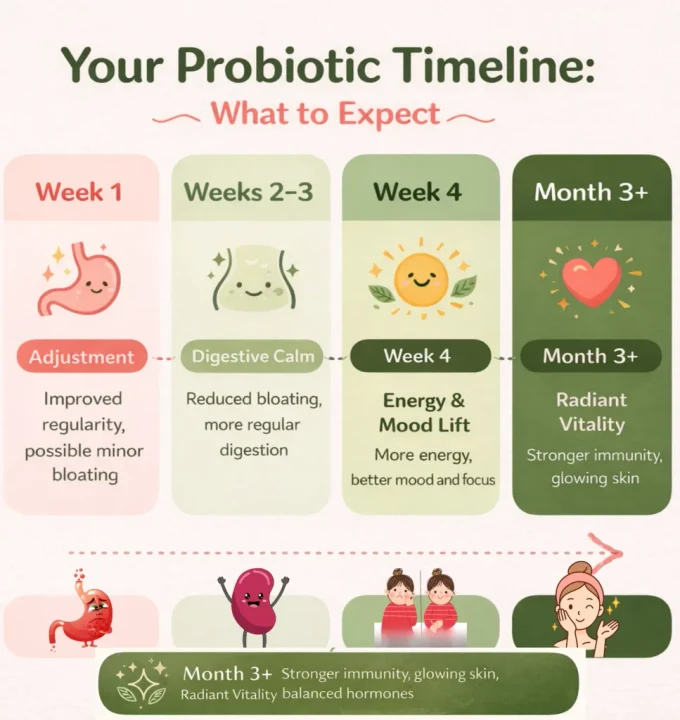 Probiotics for menopause: Infographic showing the weekly benefits timeline of taking probiotics for menopause