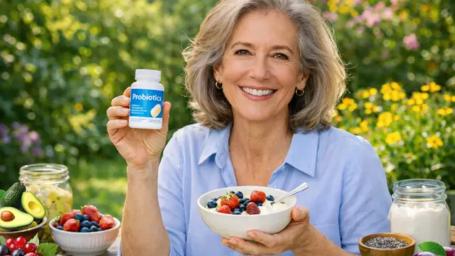 Probiotics for menopause: Woman over 50 enjoying kefir and berries as part of her daily probiotics for menopause routine