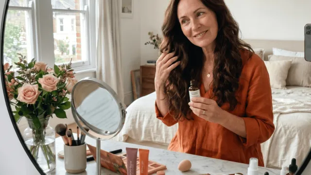 how to treat dry hair during menopause: Elegant woman over 50 applying hair oil treatment how to treat dry hair during menopause