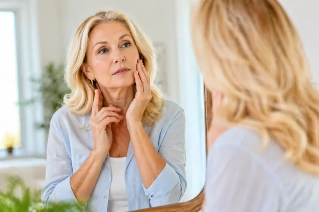 Woman over 50 reviewing vitamins and fruits to address signs of vitamin deficiency