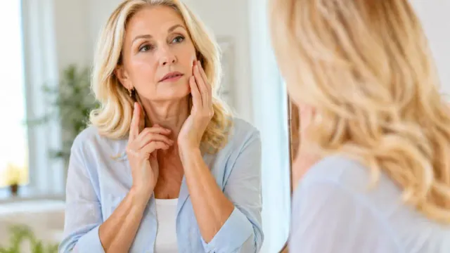Woman over 50 reviewing vitamins and fruits to address signs of vitamin deficiency