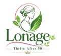 Lonage logo featuring elegant woman silhouette with green leaves in pink oval circle and tagline Thrive After 50, representing holistic wellness and longevity for women over 50