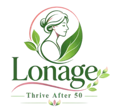 Lonage logo featuring elegant woman silhouette with green leaves in pink oval circle and tagline Thrive After 50, representing holistic wellness and longevity for women over 50