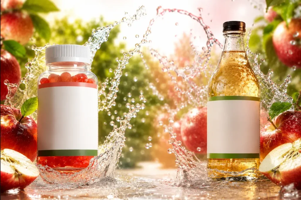 Apple cider vinegar gummies in a clear bottle beside a glass bottle of liquid ACV with splashing water and apples in a bright outdoor setting